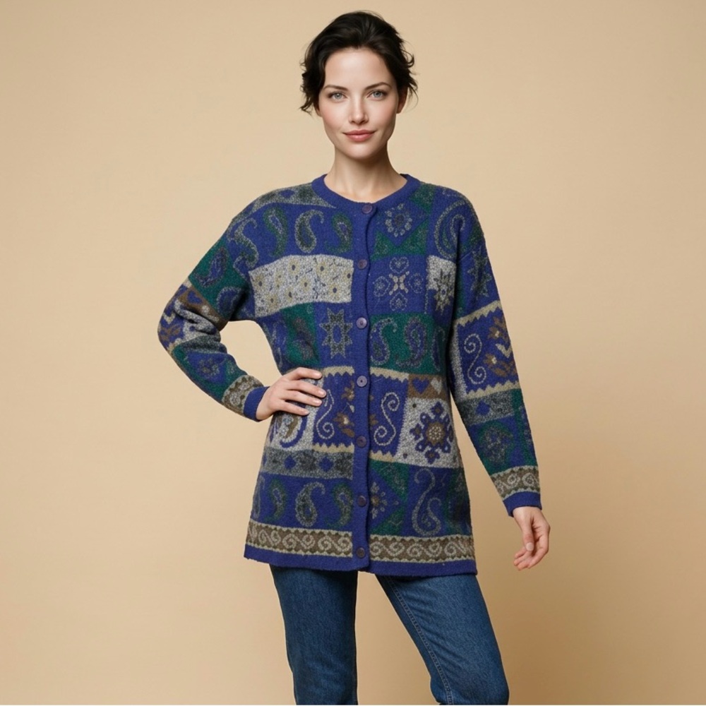 Vintage Classic Patchwork Knit Cardigan in Blue & Green